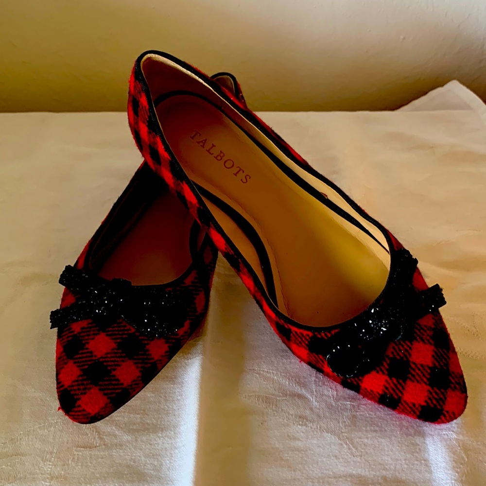 Talbots Red and Black Plaid Cloth Ballet Flats - size 7.5